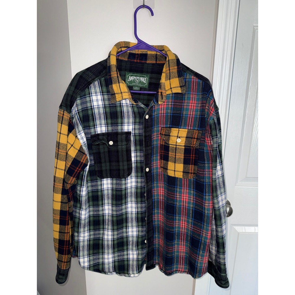 Vtg American‎ Eagle Mens Plaid Flannel Button Up Shirt Long Sleeve Multicolor